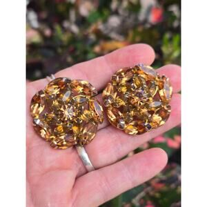Vintage WEISS Citrine Amber Rhinestone Gold Tone Cluster Clip On Earrings